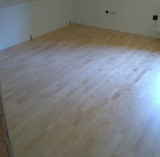 Ein leerer Raum mit weißen Wänden und Holzböden, beleuchtet von Sonnenlicht. Ein weißer Heizkörper ist an der Wand montiert.