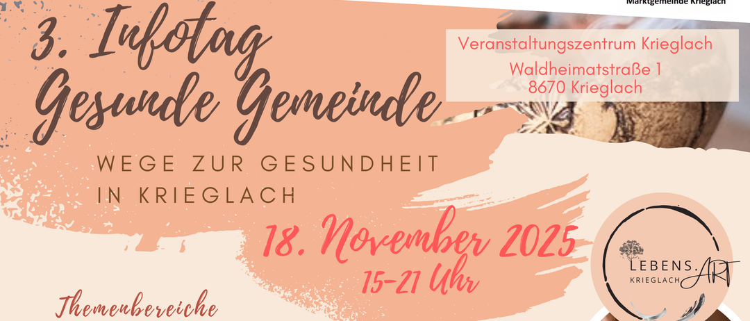 Gesundheitsveranstaltung in Krieglach am 18. November 2025. Themen reichen von Aromatherapie über Kräuterkunde bis hin zu verschiedenen Wellness-Aktivitäten. Der Abendhöhepunkt wird von Bernhard Jakobitsch gestaltet.