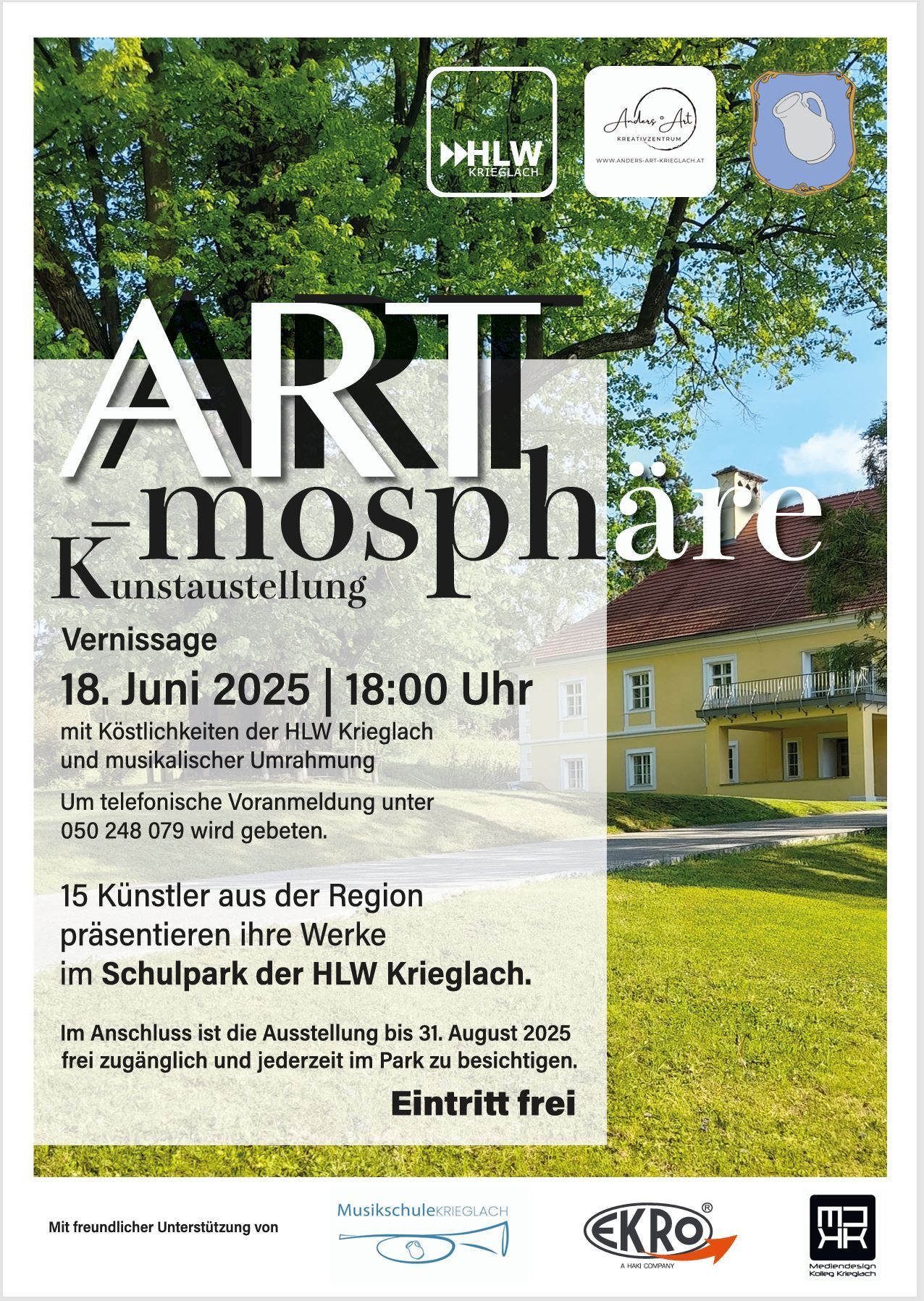 ART K-nosphäre Kunstausstellung. 18. Juni 2025, 18:00 Uhr. 15 Künstler aus der Region präsentieren ihre Werke im Schulpark. Eintritt frei.
