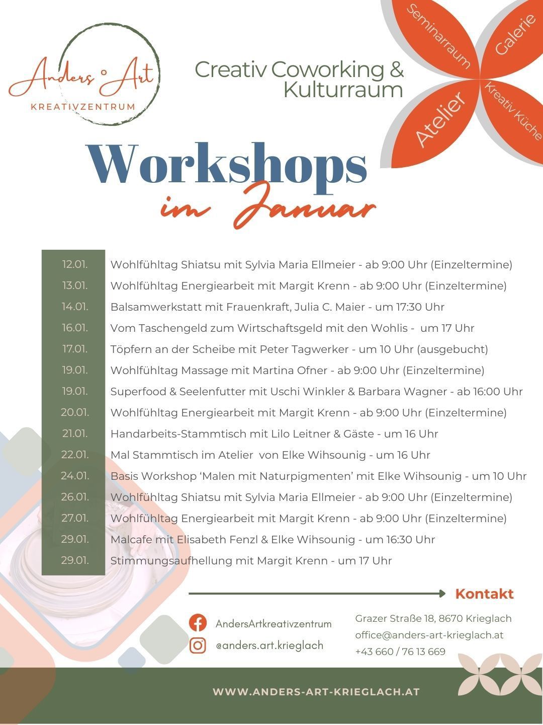 Januar-Workshops im Kreativzentrum Kulturraum. Themen umfassen Shiatsu, Energiearbeit, Balsamwerkstatt und mehr. Jeder Workshop ist mit Datum, Uhrzeit und Dozent aufgeführt.