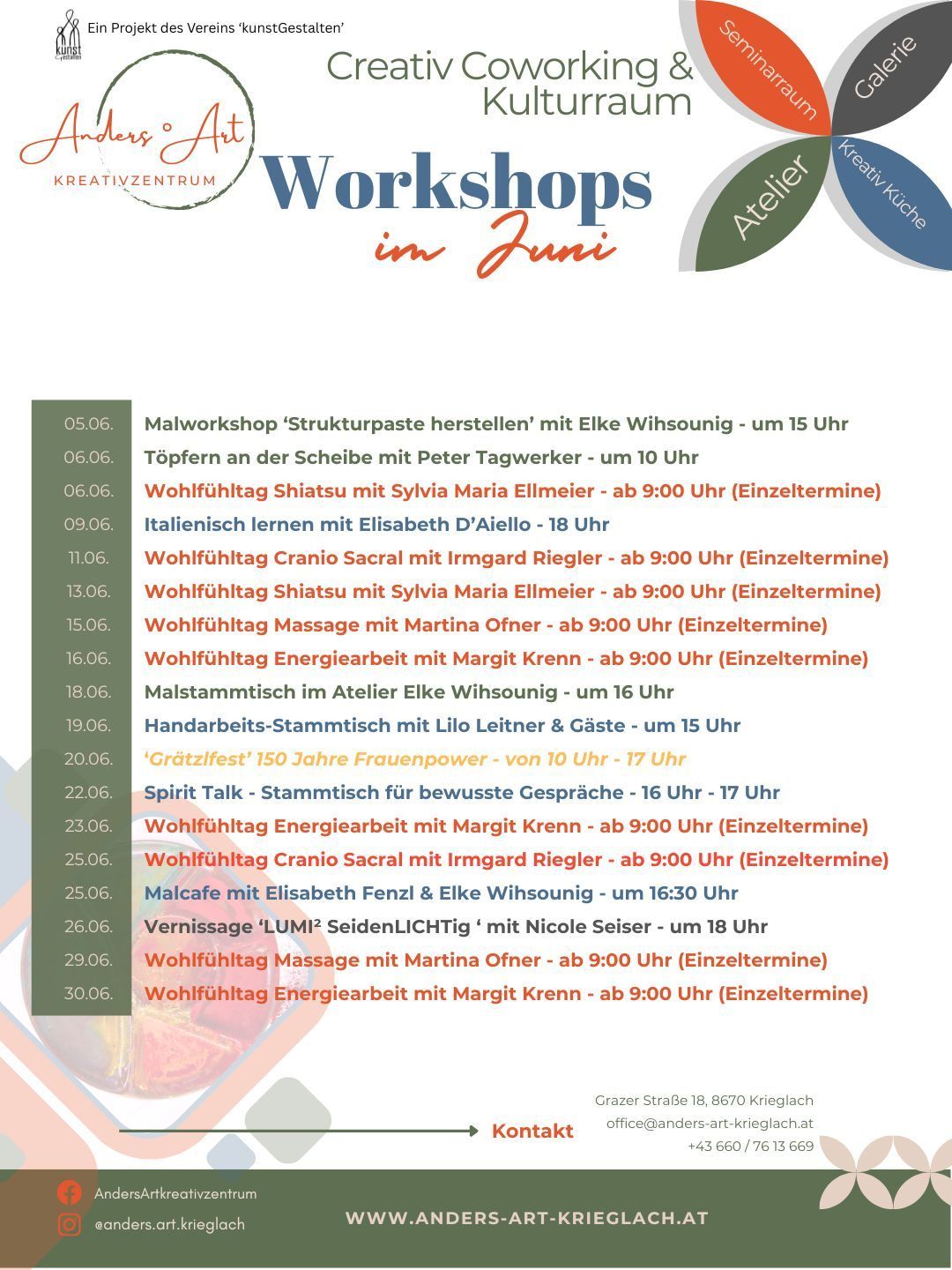 Workshop schedule for June. Includes 'Structure paste workshop', pottery, shiatsu, Italian, cranio sacral, massage, and energy work. Events on specific dates from 9 AM to 9 PM.