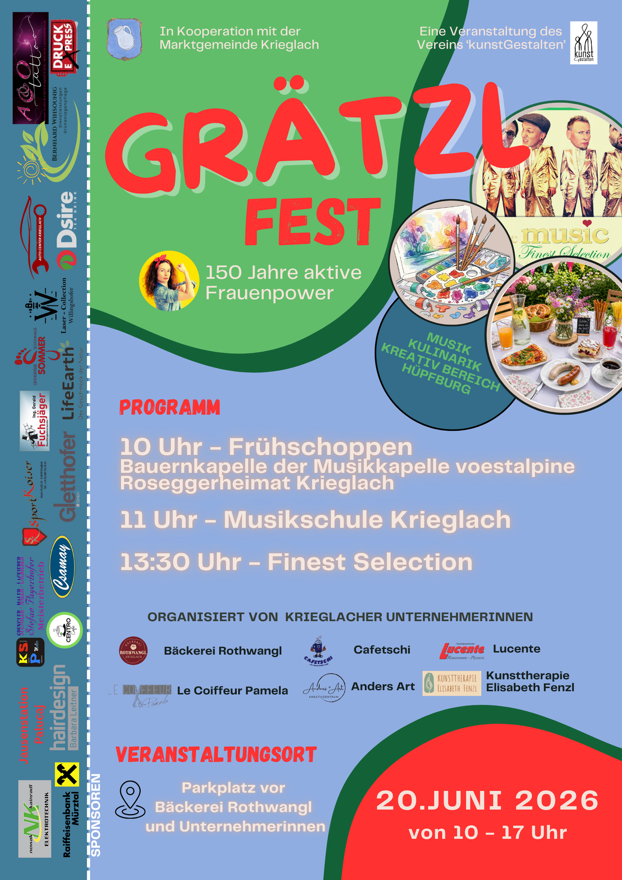 The poster advertises a festival in Krieglach, celebrating 150 years of active female power. Events include a breakfast at 10 AM, music school at 11 AM, and Finest Selection at 1:30 PM. Organized by Krieglach businesswomen.