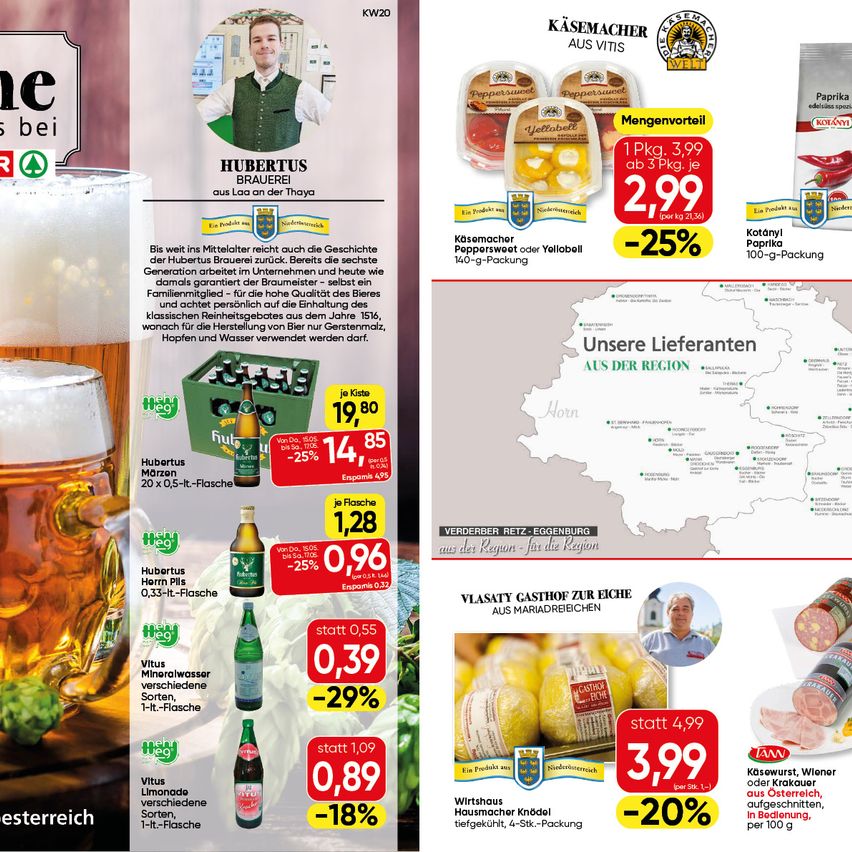 Werbung für eine deutsche Biermarke mit einem Mann in einem grünen Vest mit Preisliste. Verschiedene Produkte und Rabatte sind aufgeführt, einschließlich Bier, Mineralwasser und Würste. Ein Bild eines Bierglases und eine Karte, die lokale Lieferanten zeigt.