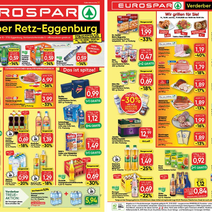 Das Bild zeigt einen Supermarkt-Flyer mit Rabatten auf verschiedene Produkte. Es zeigt Preissenkungen auf Artikel wie Limonaden, Wasser und verschiedene Lebensmittel. Produkte wie Bier, Kaffee und Dosenwaren sind mit Prozentrabatten versehen. Der Flyer hebt ein Sonderangebot für eine 100g-Packung Fleisch zu einem reduzierten Preis hervor.