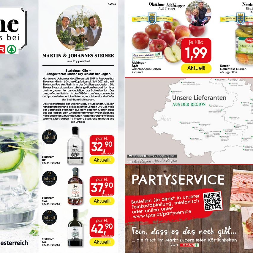 Ein Flyer mit Steinhorn Gin, einem London Dry Gin aus Ruppertsthal. Er wird handgefertigt und mit Botanicals aus der Region produziert. Es gibt einen QR-Code zum Bestellen. Ein weiterer Flyer für Obstbau Aichinger mit Äpfeln und einem Preis von 1,99 Euro. Auch hier gibt es einen QR-Code zum Bestellen.