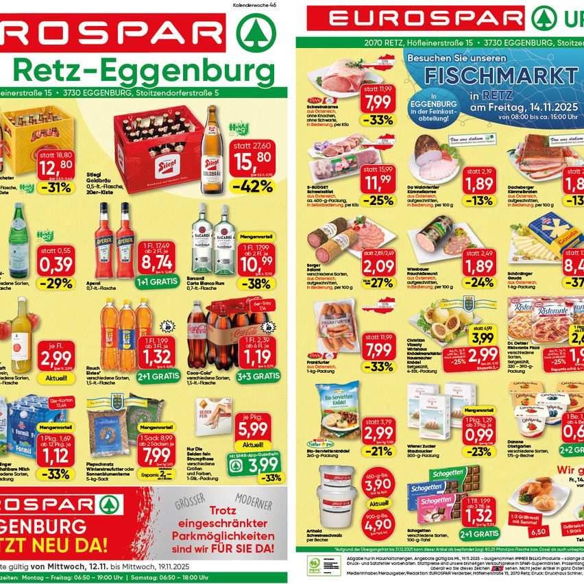 Ein Werbeflyer für ROSPAR und EUROSPAR in Rett-Eggenburg. Der Flyer listet verschiedene reduzierte Produkte auf, darunter Getränke, Lebensmittel und Haushaltsprodukte. Preise und Rabatte sind für jeden Artikel angegeben. Der Flyer enthält auch eine Fischmarkt-Veranstaltung am 14. November 2020.