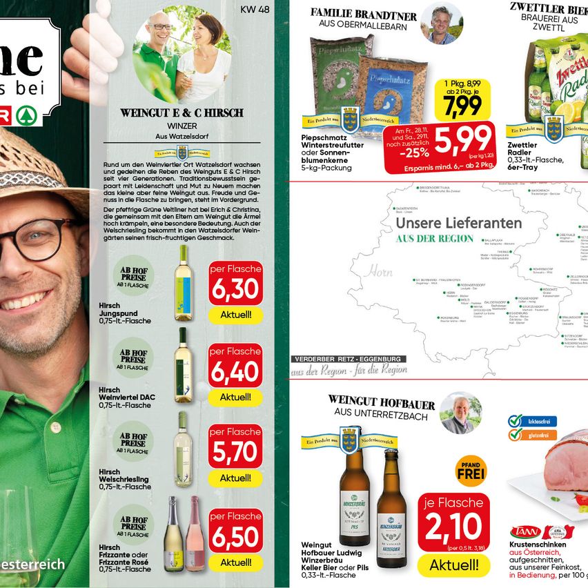 Werbung für Wein und lokale Produkte. Es zeigt einen lächelnden Mann in einem grünen Hemd, der ein Weinglas hält, mit mehreren Flaschen Wein und einer Karte der Region. Preise für Weine und andere Produkte sind aufgeführt.