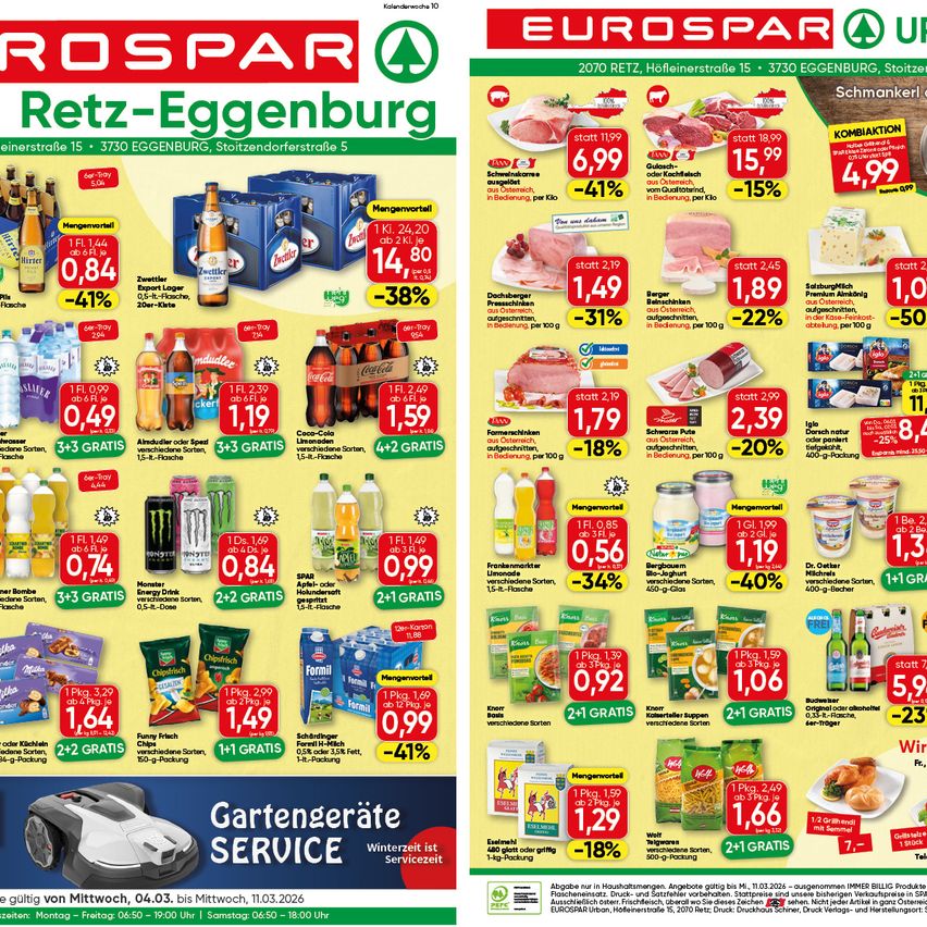 Ein Flyer für Eurospar zeigt Angebote für Produkte wie Bier, Wasser, Limonaden, Chips und mehr. Der Flyer ist in zwei Bereiche unterteilt, einen für ROSPAR und einen für Eurospar. Er hebt Rabatte und kostenlose Artikel auf verschiedene Produkte hervor.