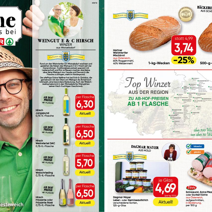 Eine Werbung für ein Weinunternehmen zeigt einen Mann in Hut und Brille, der eine Flasche Wein hält. Es gibt Preisschilder für verschiedene Weine, alle im Angebot. Ein anderer Teil der Anzeige hebt eine Karte mit Weinregionen und Preisen hervor.