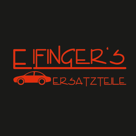 Auf einem schwarzen Hintergrund ist das Logo von Elfinger's zu sehen, das ein rotes Auto-Symbol mit dem Text 'Ersatzteile' darunter zeigt.