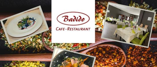 Eine Collage verschiedener Gerichte des Badido Cafe-Restaurants, mit einem mit Gemüsesalat gefüllten Holzlöffel, einem Teller mit Räucherlachs und einem gedeckten Tisch.