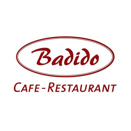 Das Logo für Badido Cafe-Restaurant zeigt den Namen Badido in rotem, stilisiertem Schriftstil in einem roten Oval mit weißem Hintergrund.