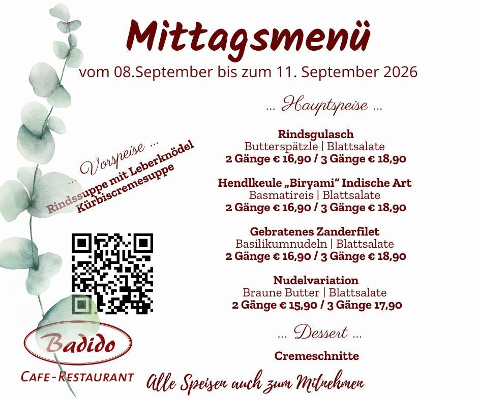 Mittagsmenü-Poster vom 08. September bis 11. September 2026 mit verschiedenen Gerichten, Preisen und einem QR-Code für weitere Informationen.