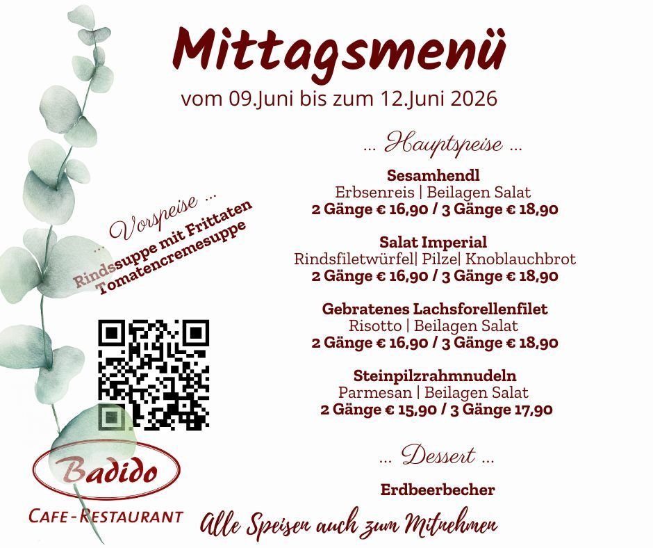 Mittagsmenü vom 09. Juni bis 12. Juni 2026. Vorspeisen, Hauptgerichte und Desserts für zwei oder drei Gänge. Ein QR-Code für weitere Informationen.