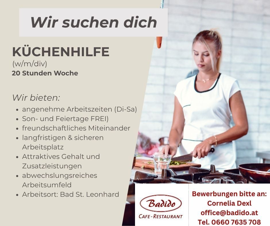 A poster advertising a kitchen helper position at Badido Cafe-Restaurant. It features a woman cutting vegetables and includes job details such as flexible working hours, free weekends and holidays, and attractive compensation.