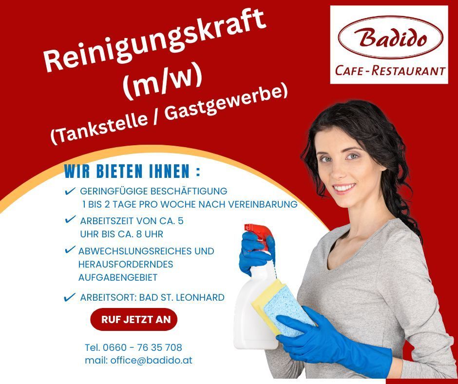 A woman in a gray shirt and blue gloves is holding a cleaning spray bottle and a sponge, standing in front of a red background with text about cleaning jobs.