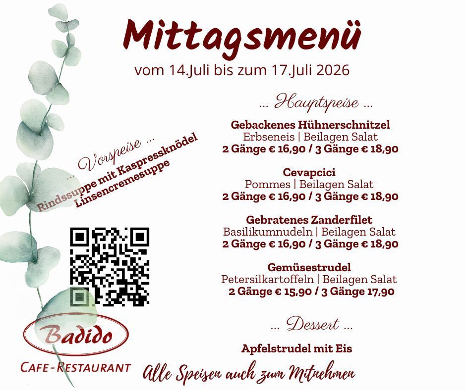 Menu for a restaurant from July 14th to 17th, 2026. It features various dishes like baked chicken, Cevapcici, and more, with prices for 2 and 3 courses. A QR code is present for additional information.