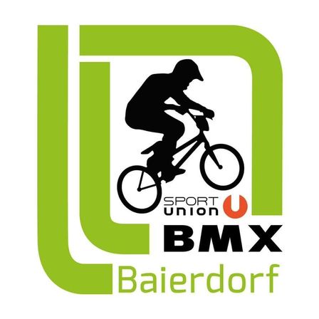 Ein Logo für Sport Union BMX Baierdorf mit einer Silhouette eines Radfahrers auf einem Fahrrad, darunter steht BMX Baierdorf.