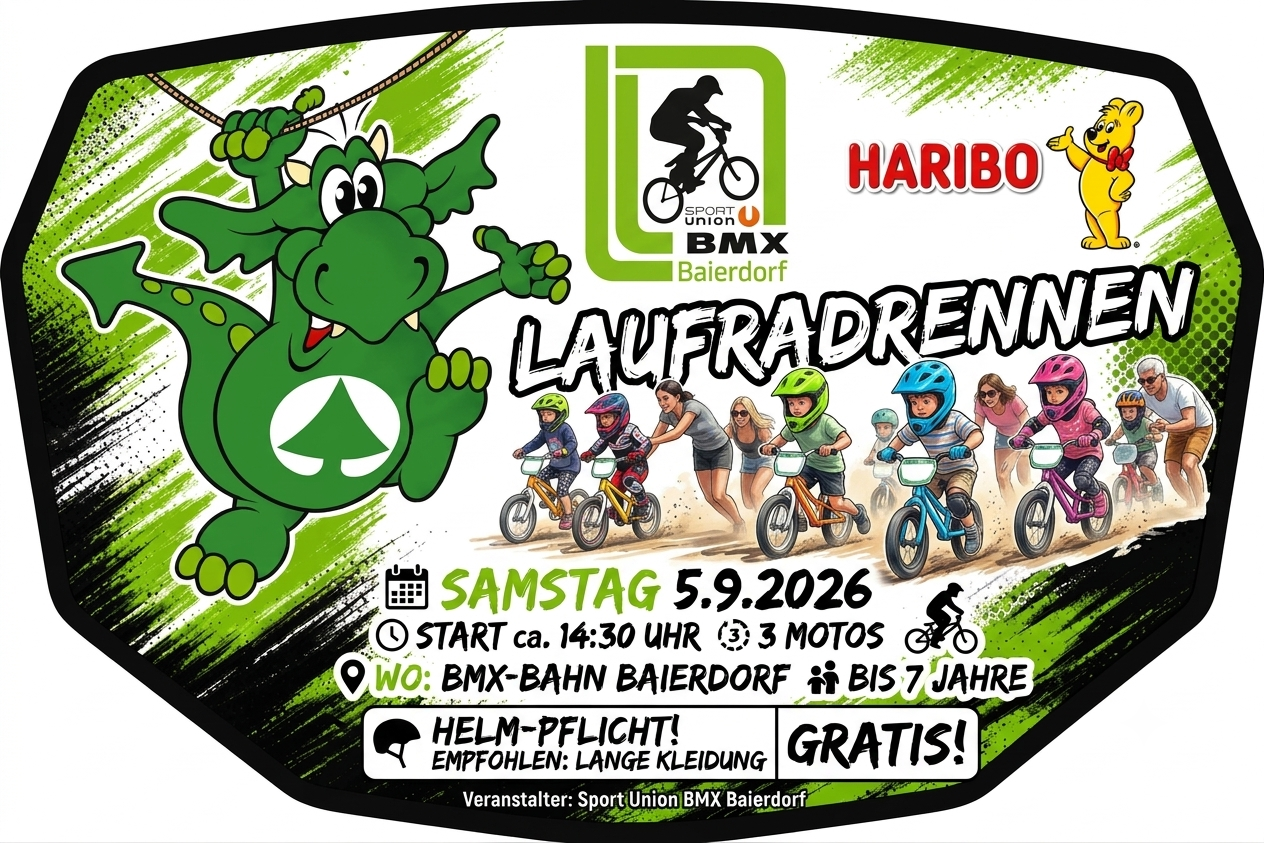 Plakat für eine BMX-Veranstaltung in Baierdorf mit einem Cartoon-Drachen, Kindern auf Fahrrädern und dem Datum 5. September 2026. Die Veranstaltung wird von Haribo gesponsert und beginnt um 14:30 Uhr. Helmpflicht gilt.
