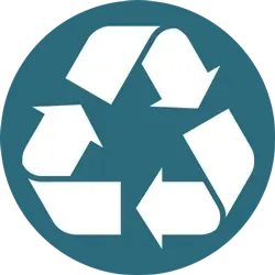 Das Bild zeigt einen blauen Kreis mit einem weißen Recycling-Symbol in der Mitte, bestehend aus drei Pfeilen, die ein Dreieck bilden.