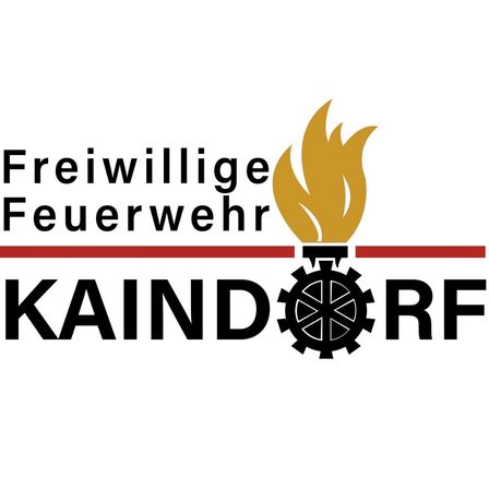 Das Logo der Freiwilligen Feuerwehr Kaindorf zeigt eine stilisierte Flamme mit einem Zahnrad, symbolisierend für Feuerwehr und Gemeinschaftsdienst.