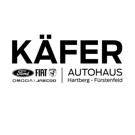 Das Logo für Käfer Autohaus zeigt die Ford- und Fiat-Logos mit dem Markennamen und dem Standort darunter.