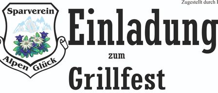 Ein Plakat für das Grillfest des Sparvereins Alpenglück. Datum: Sonntag, 10. August 2025. Zeit: 10:30 Uhr. Ort: Gasthaus Theißl. Illustration von Würstchen, Bier und Coca-Cola auf einem Grill. Einladung für alle Gäste.