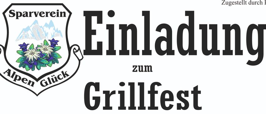 Ein Plakat für das Grillfest des Sparvereins Alpenglück. Datum: Sonntag, 10. August 2025. Zeit: 10:30 Uhr. Ort: Gasthaus Theißl. Illustration von Würstchen, Bier und Coca-Cola auf einem Grill. Einladung für alle Gäste.