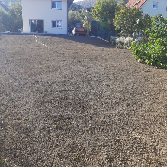 Ein Haus mit einer Glastür und Fenstern befindet sich in einem Hinterhof. Hinter dem Haus ist ein Baufahrzeug geparkt. Der Boden ist mit Erde bedeckt und hat einige Reifenspuren. Es gibt Bäume und Pflanzen um das Haus herum.