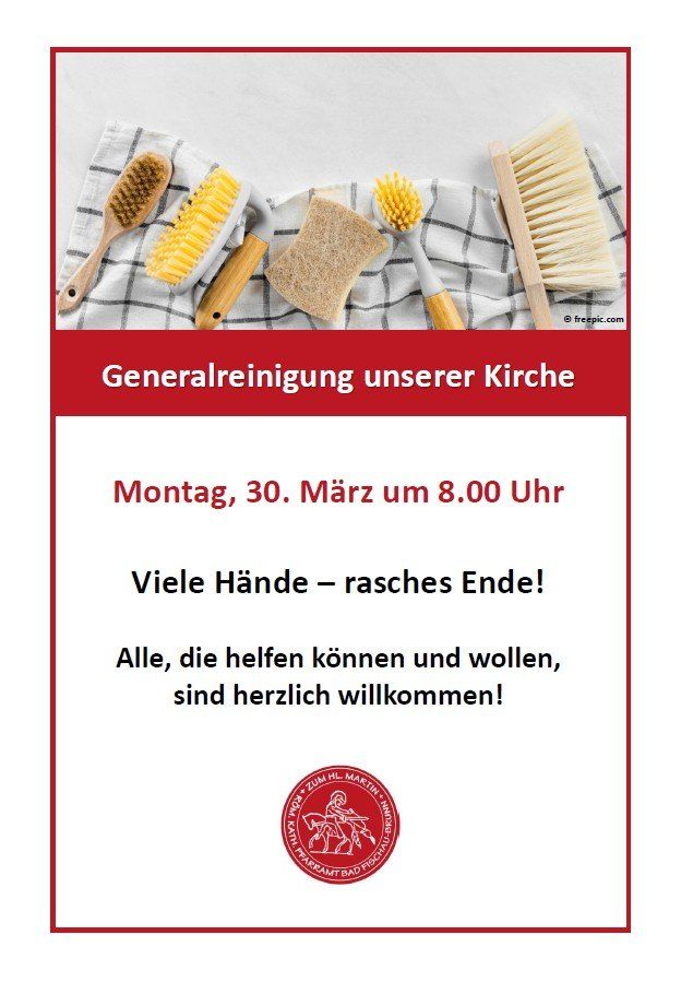 Ein Flugblatt für eine Kirchenreinigungsveranstaltung. Es zeigt Putzbürsten und einen Schwamm. Das Datum ist der 30. März um 8.00 Uhr. Es lädt Helfer ein.