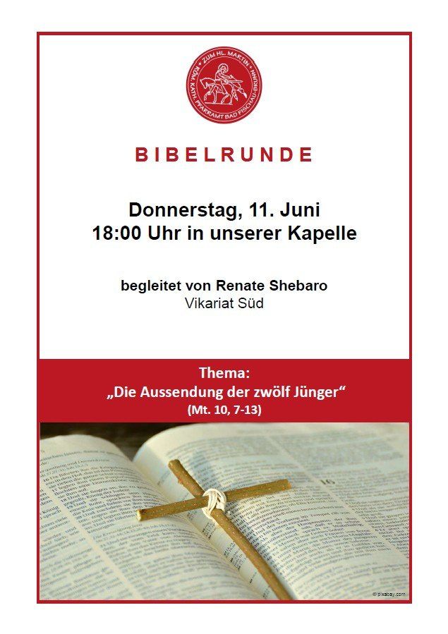 A poster invites to a Bible study on Thursday, June 11 at 6 PM. The theme is 'The Sending of the Twelve Disciples' (Mt. 10, 7-13). The event is led by Renate Shebaro, vicar of Sud. An open book with a cross on it is pictured.