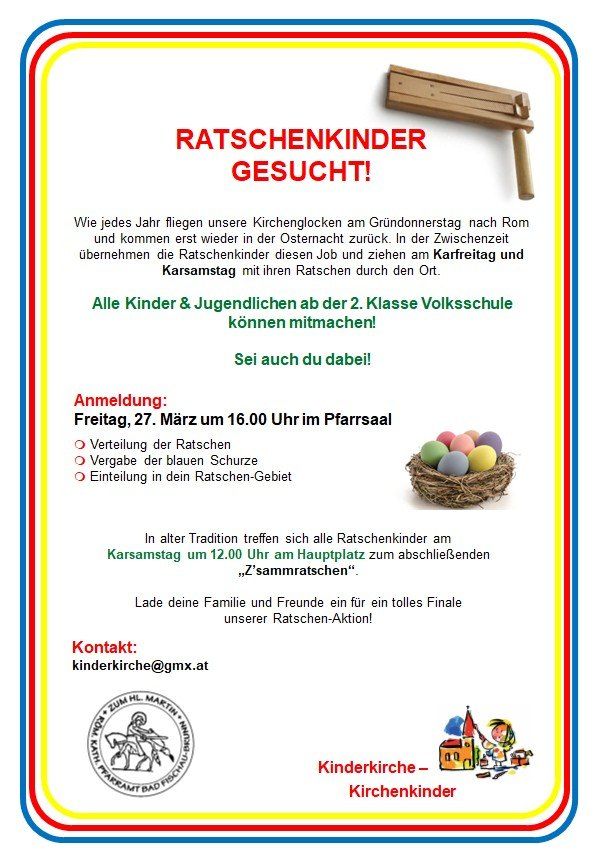 Eine Einladung zur Teilnahme an einer Rattensuche für Kinder und Jugendliche. Die Veranstaltung findet am Freitag, 27. März, um 16.00 Uhr in der Kirche statt. Die Teilnehmer erhalten Ratten und blaue Schutzkleidung. Das abschließende Treffen ist am Samstag um 12.00 Uhr am Hauptplatz. Kontakt: kinderkirche@gmx.at.