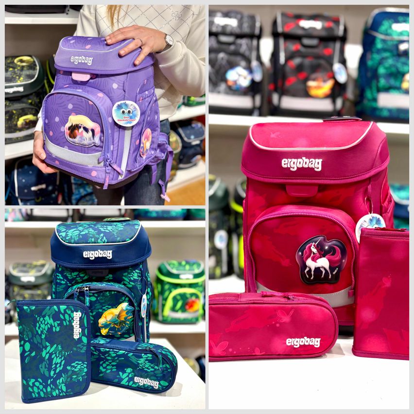 Eine Collage aus vier Bildern zeigt farbenfrohe ergobag Rucksäcke in verschiedenen Stilen und Farben, darunter lila, pink und blau. Jeder Rucksack hat einzigartige Designs und Funktionen.