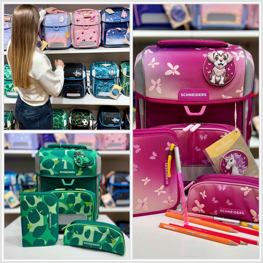 Eine Collage zeigt ein Mädchen, das einen rosa Rucksack mit einem Dalmatiner-Aufkleber und anderen bunten Rucksäcken auswählt. Ein anderes Bild zeigt ein rosa Schmetterlings-Muster-Stiftetui mit einem Einhorn-Aufkleber und eine Auswahl an Buntstiften.