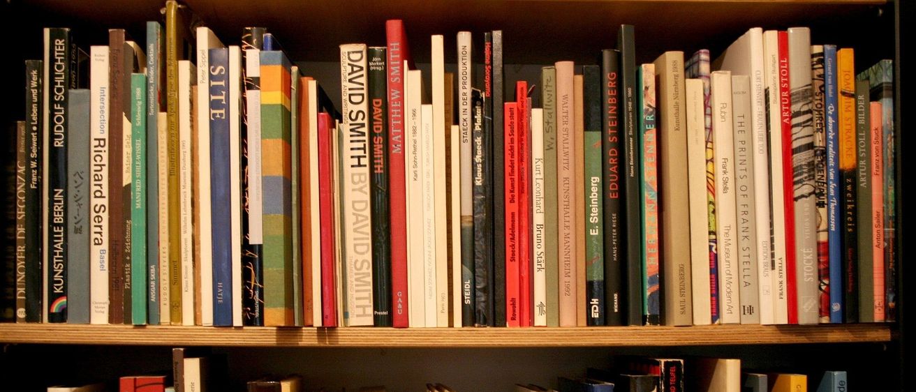 Ein hölzerne Bücherregal gefüllt mit zahlreichen Büchern in verschiedenen Größen und Farben. Titel beinhalten 'SITE', 'David Smith' und 'Ruefino Tamayo'. Die Bücher sind ordentlich in Reihen angeordnet.