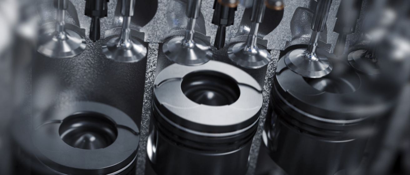 Eine Nahaufnahme mehrerer Motorkolben und ihrer Komponenten, in einer Reihe angeordnet mit detaillierten Texturen und metallischen Oberflächen.