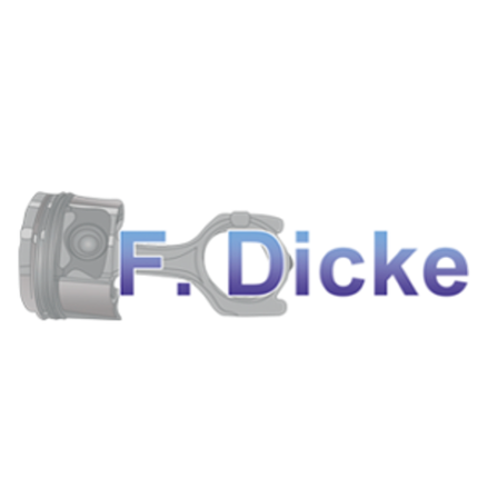 Das Logo von F. Dicke zeigt einen Kolben und eine Pleuelstange mit dem Firmennamen in Blau und Grau.