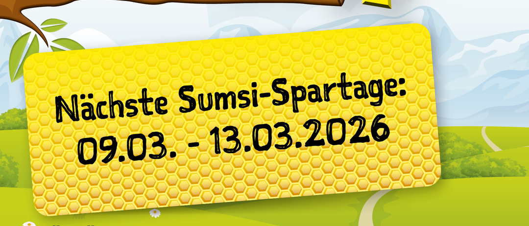 Ein Plakat für die 'Sumi Sparen'-Veranstaltung mit einer Cartoon-Biene. Die Veranstaltung ist für den 09.03. bis 13.03.2026 geplant.