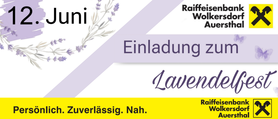 Ein Design mit Lavendelblüten und den Worten 'Raifi' oben und 'Einladung Laven' unten, auf einem lila und gelben Gradienten gesetzt.