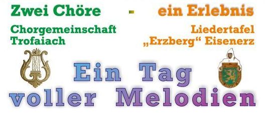 Plakat für ein Konzert in Trofaiach mit Blick auf die Stadt, Berge und eine Kirche. Der Text kündigt einen Tag voller Melodien von zwei Chören am 30. Mai 2026 an.