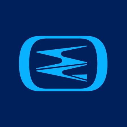 Ein blaues ovales Logo mit einem stilisierten Blitz in der Mitte, vor einem einheitlichen blauen Hintergrund.
