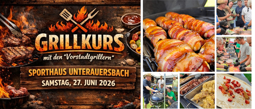 Eine Collage mit einem Schild fur Kurs Rauersbach Uni 2026, gegrilltem Fleisch und Menschen, die grillen, schneiden und Essen servieren.