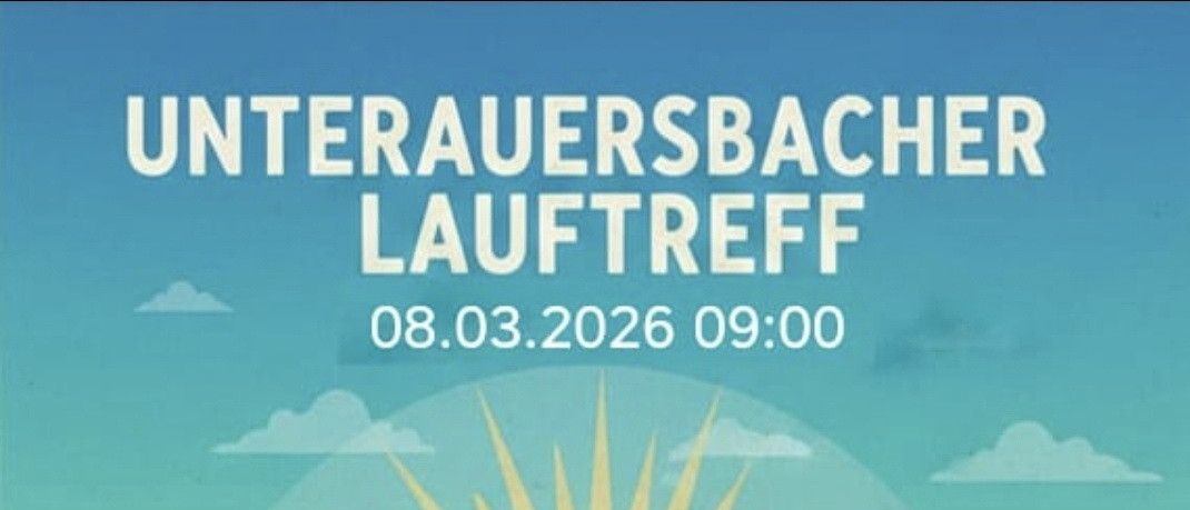 Ein Plakat für Lauftreff am 08.03.2026 um 09:00, das Silhouetten von Läufern vor einem Sonnenaufgang zeigt. Die Route führt von Dorf über Hoaregg, Radis zurück nach Dorf, etwa 5,7 km. Gemütliches Tempo für alle Hobbyläufer oder diejenigen, die mitmachen möchten!