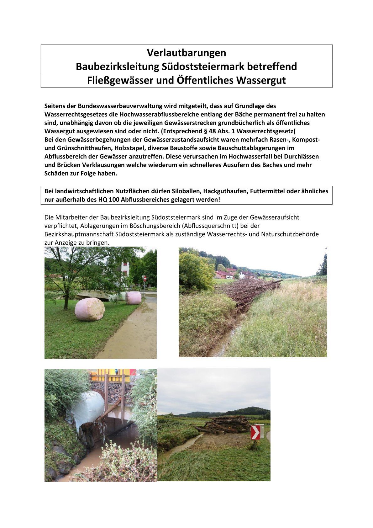 Das Bild behandelt das Thema Flutwasser und öffentliches Wasserrecht. Es wird erwähnt, dass stehendes Wasser auf öffentlichem Land als Wasserkörper betrachtet wird. Verschiedene Fälle von Abwasserentsorgung haben zu Verschmutzung geführt. Es wird auch die Pflicht der an der landwirtschaftlichen Landbewirtschaftung beteiligten Personen erwähnt.