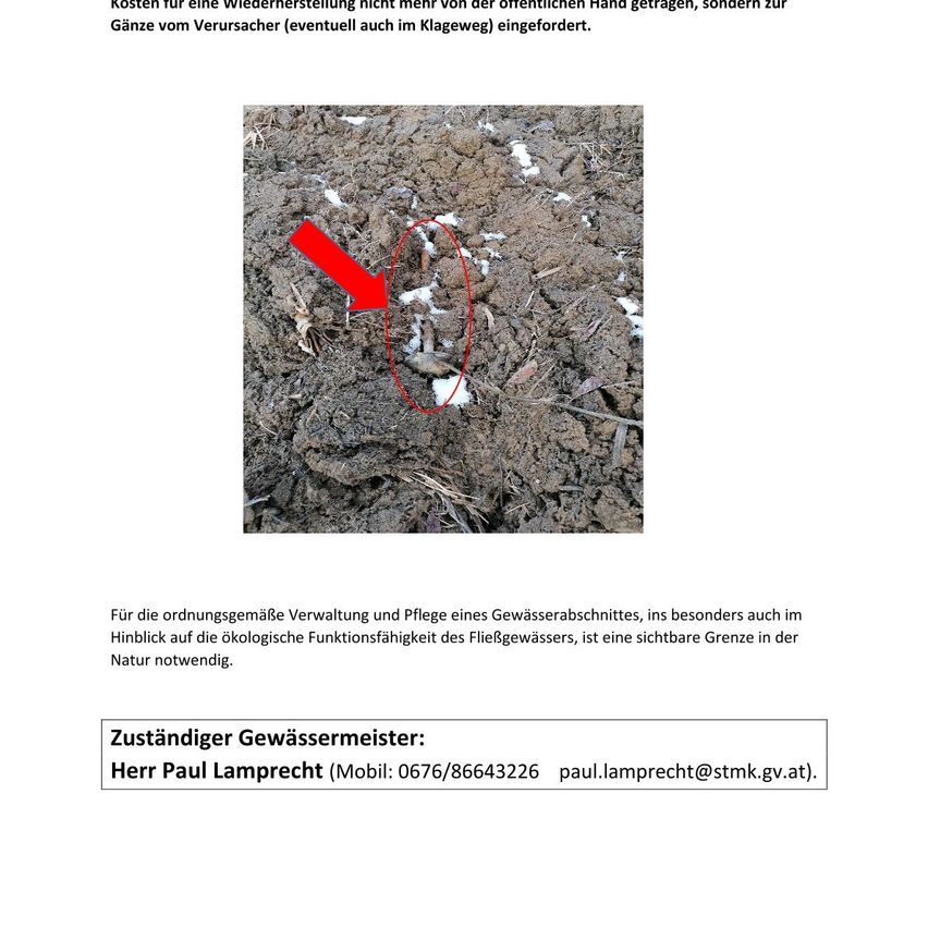 Das Bild zeigt eine Bodenprobe mit einer sichtbaren Grenze, die durch einen roten Kreis markiert ist und die Lage eines ökologischen Wasserstands anzeigt. Es ist wichtig für die Verwaltung und Pflege eines Gewässers, insbesondere in der Natur.