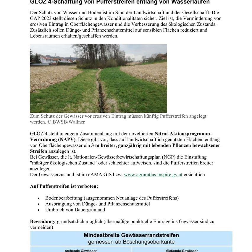 Ein Bild zeigt ein Feld mit einem breiten, grasbewachsenen Streifen zwischen zwei trockenen Landflächen, vermutlich ein Pufferstreifen. Der Text erklärt den Schutz von Wasser und Boden und betont die Bedeutung von Pufferstreifen zur Aufrechterhaltung des ökologischen Gleichgewichts.