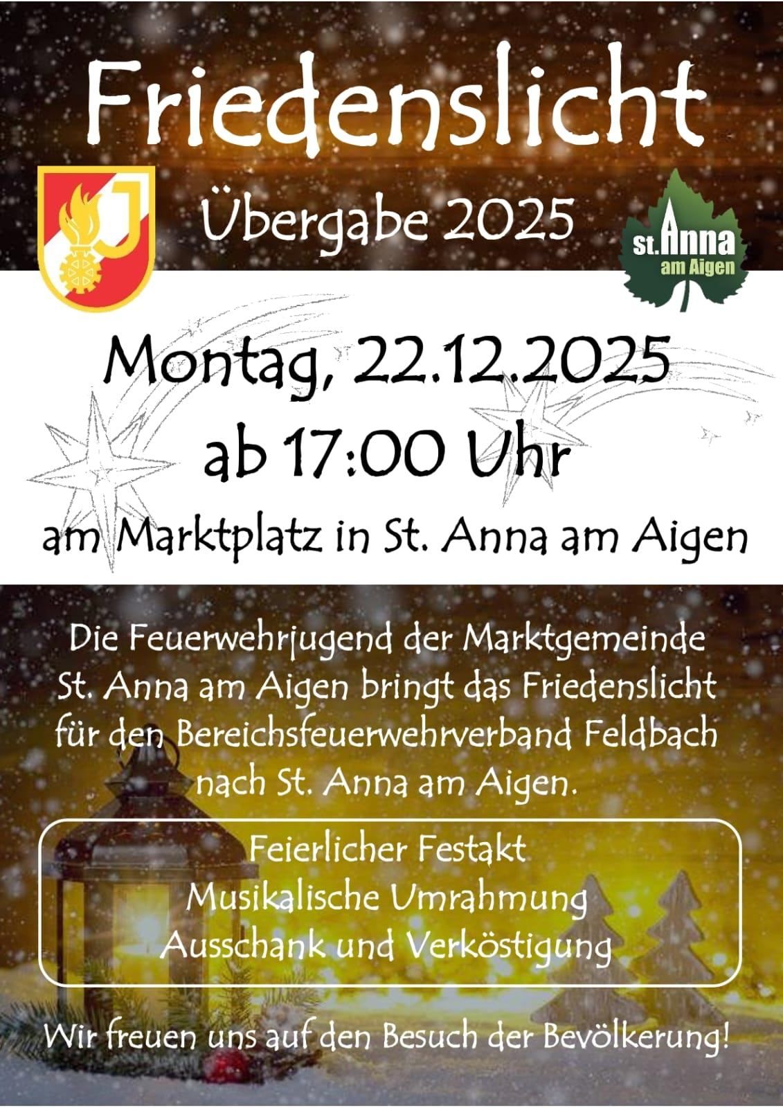 Ein Veranstaltungshinweis für eine Übergabezeremonie 2025 auf dem Marktplatz in St. Anna am Aigen am 22.12.2025 ab 17:00 Uhr. Es beinhaltet ein festliches Fest, musikalische Unterhaltung und Geschenkeaustausch.