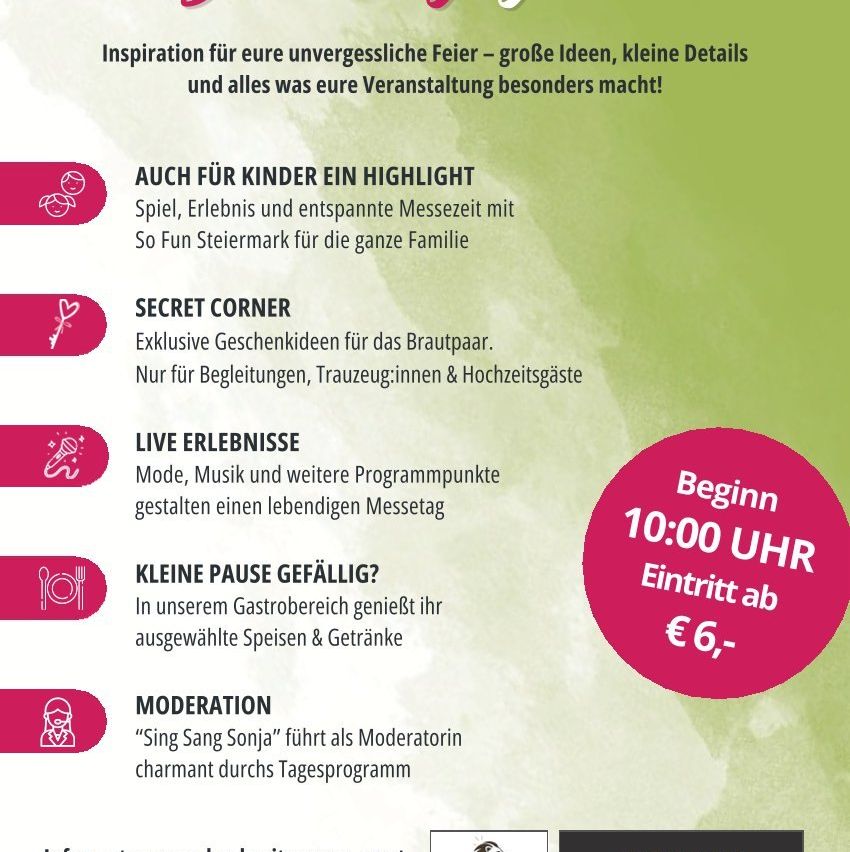 Ein Veranstaltungsposter für eine Feier mit verschiedenen Aktivitäten, einschließlich einer Geheimecke für das Paar, Essen und Getränke, Live-Erlebnisse und Moderation durch 'Sing Sang Sonja'. Die Veranstaltung beginnt um 10:00 Uhr, und der Eintritt kostet 6 Euro.