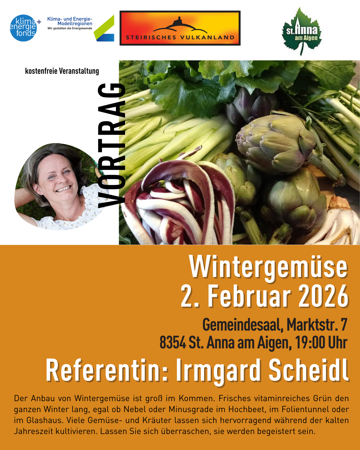 Werbeanzeige für eine kostenlose Veranstaltung am 2. Februar 2026 mit Wintergemüse und einem Vortrag von Irmgard Scheidl. Die Veranstaltung findet im Gemeindesaal, Marktstr. 7, St. Anna am Aigen, um 19:00 Uhr statt.