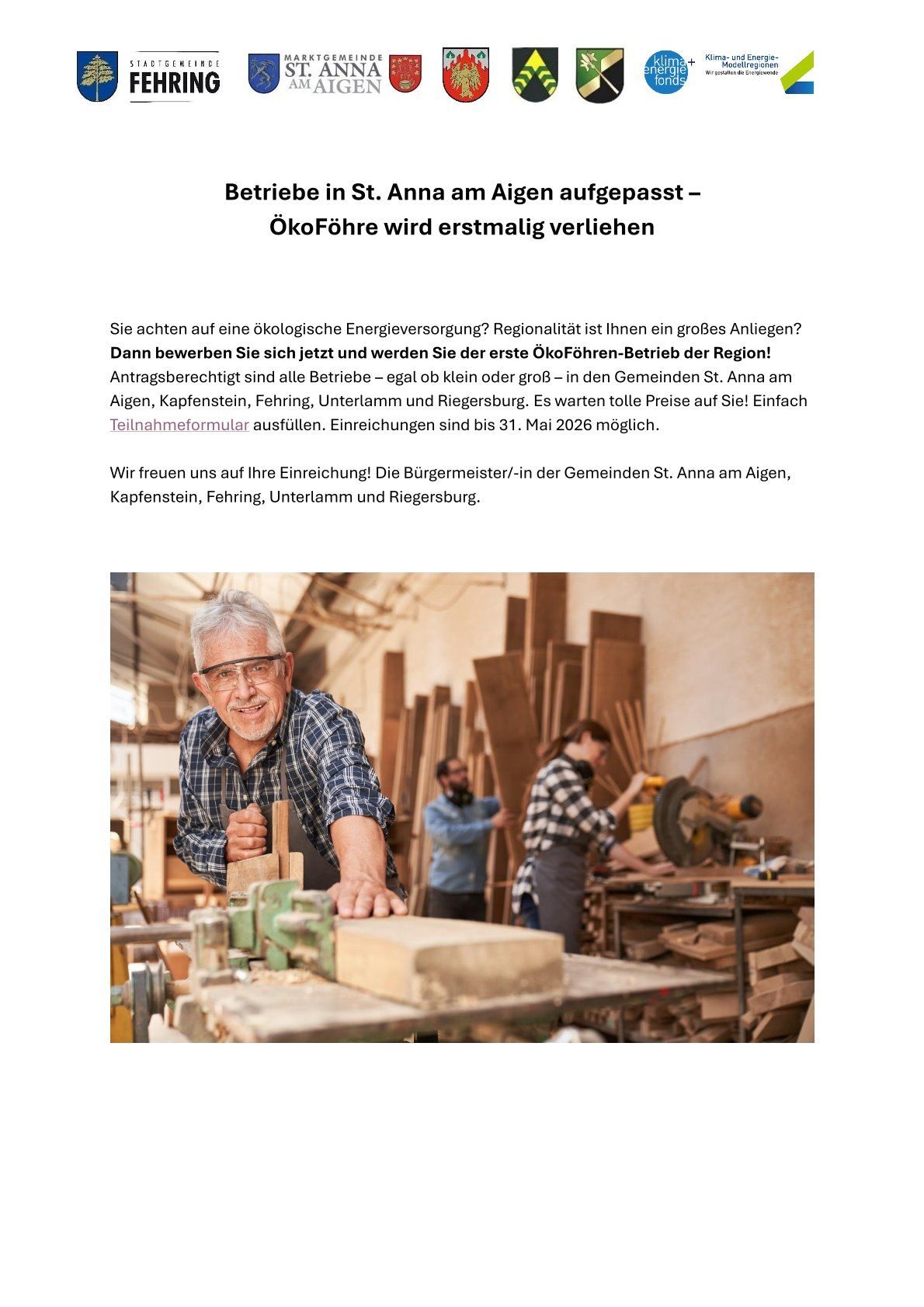 Ein Bild zeigt einen Mann, der in einer Werkstatt mit Holz arbeitet. Im Hintergrund sind andere Personen bei der Arbeit. Der Titel lautet: 'Umweltfreundliche Betriebe in St. Anna am Aigen - OkoFohren wird erstmalig eingestellt'.